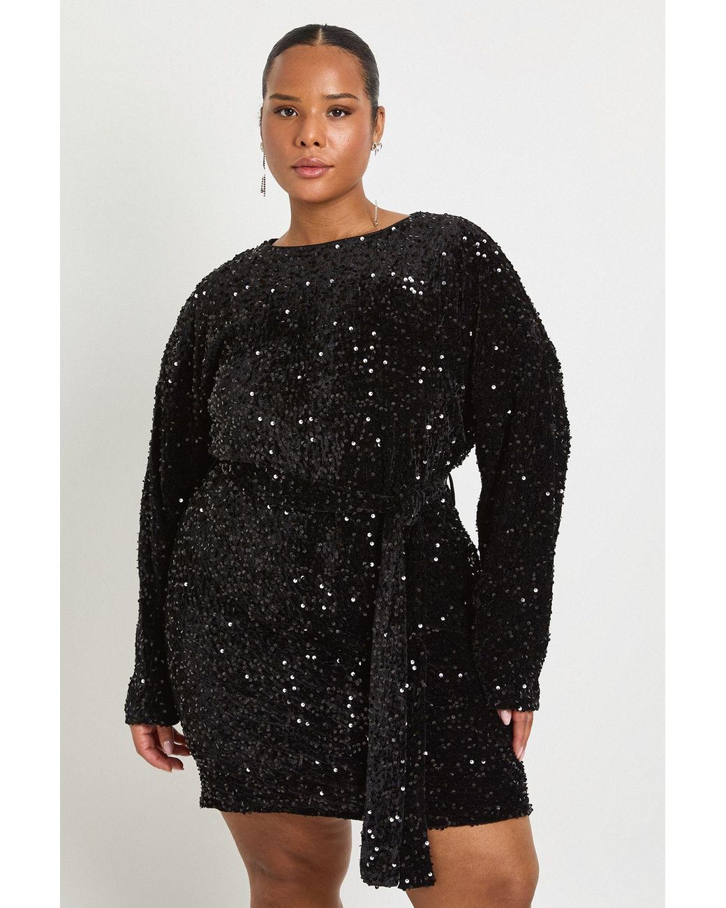 Boohoo Black Plus Velvet Sequin Tie Waist Mini Dress