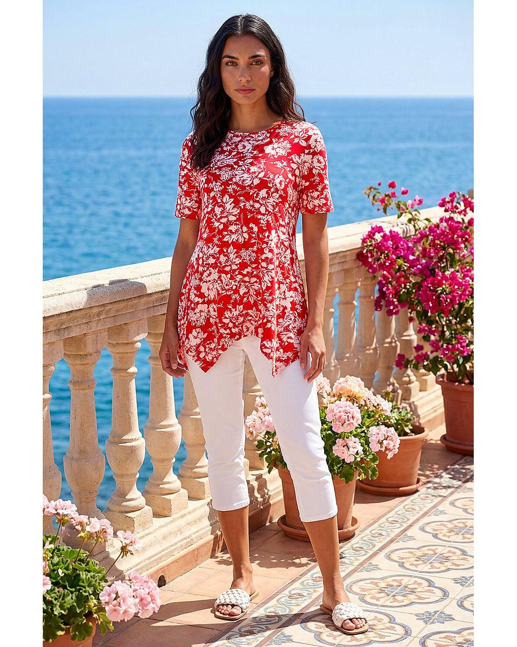 Roman Red Leaf Print Hanky Hem Tunic Top