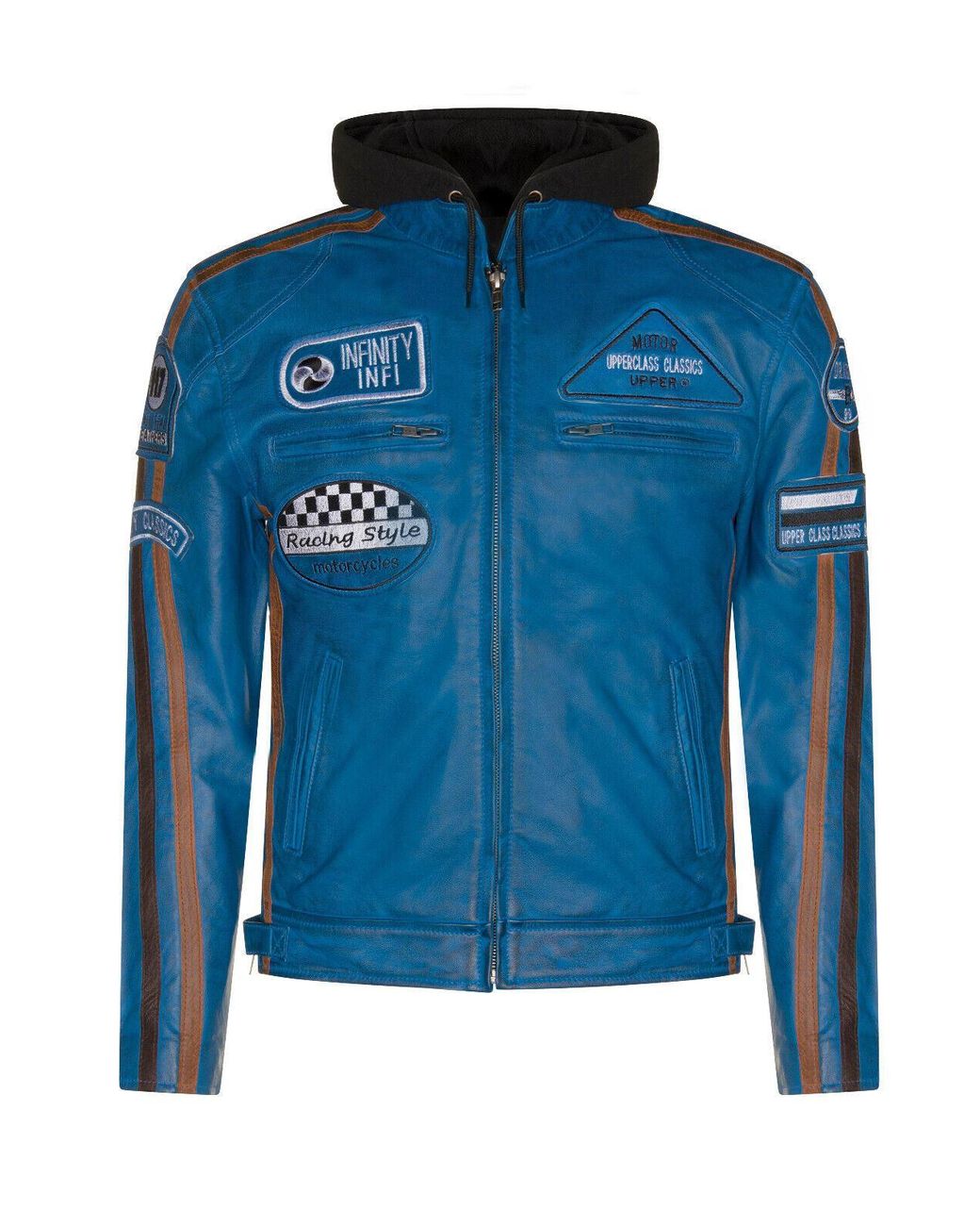 Infinity Leather Blue Racing Hooded Biker Jacket-Detroit for men