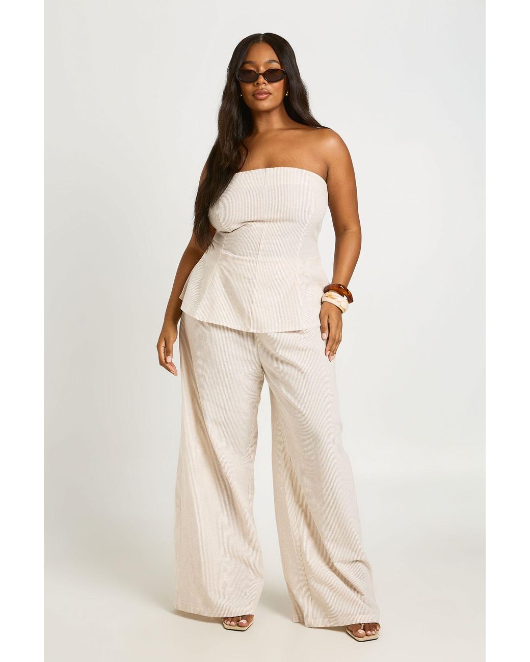 Boohoo Natural Plus Stripe Linen Look Bandeau Longline Top And Extreme Wide Leg Trouser Co Ord