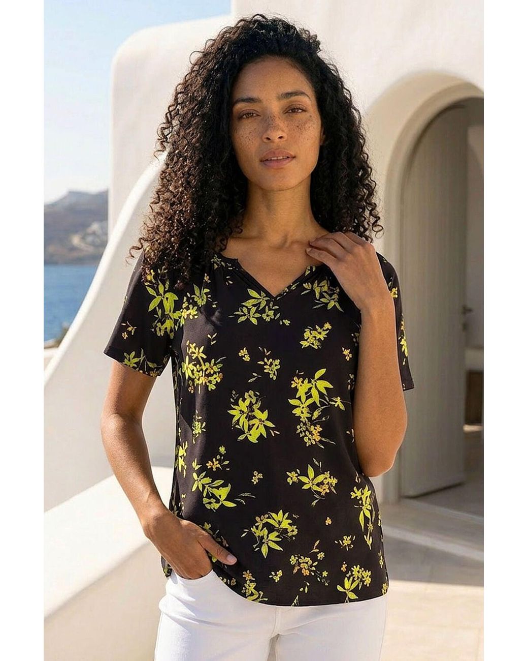 Roman Green Floral Print Gathered Stretch Top