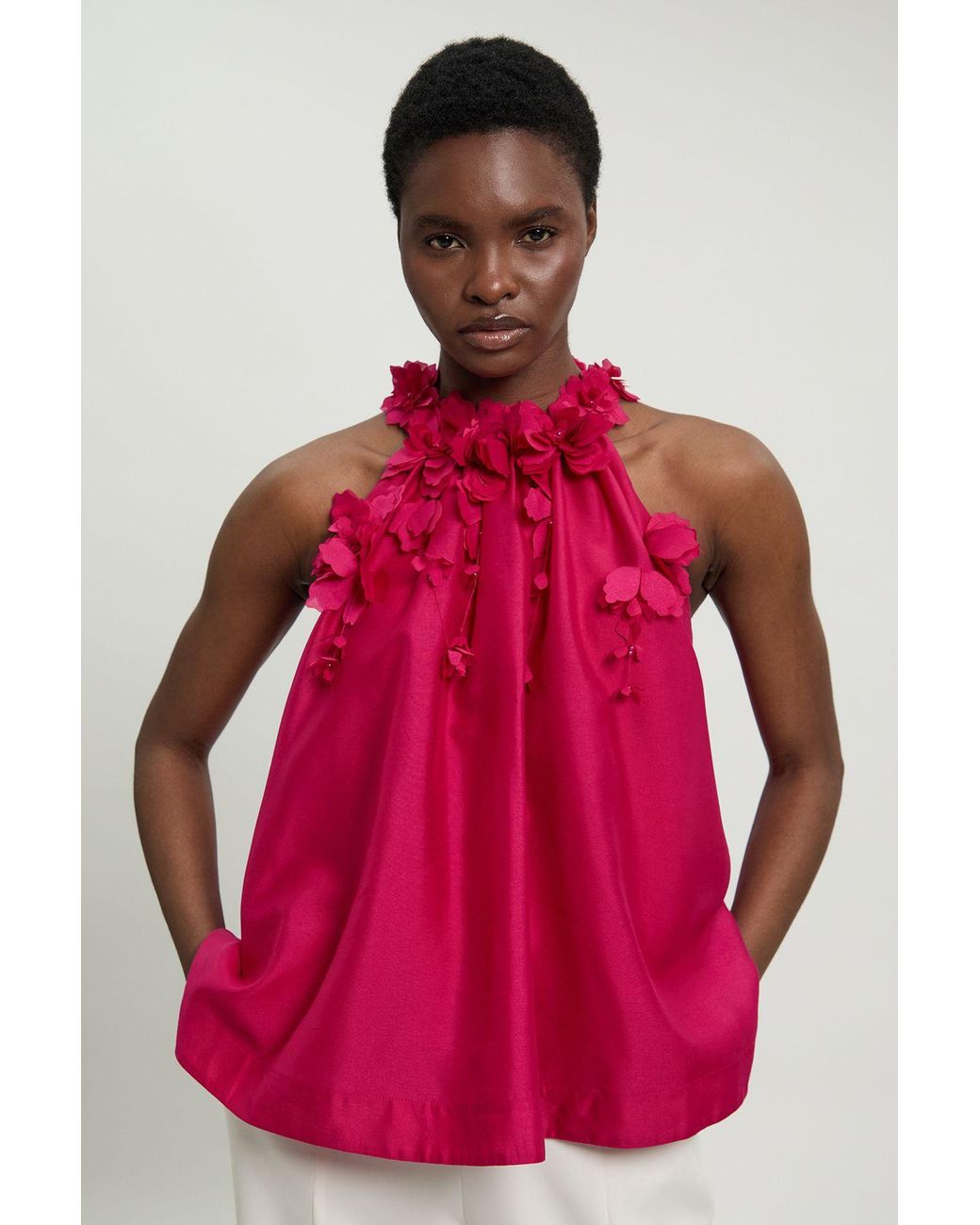 Karen Millen Red Floral Applique Woven Halter Blouse