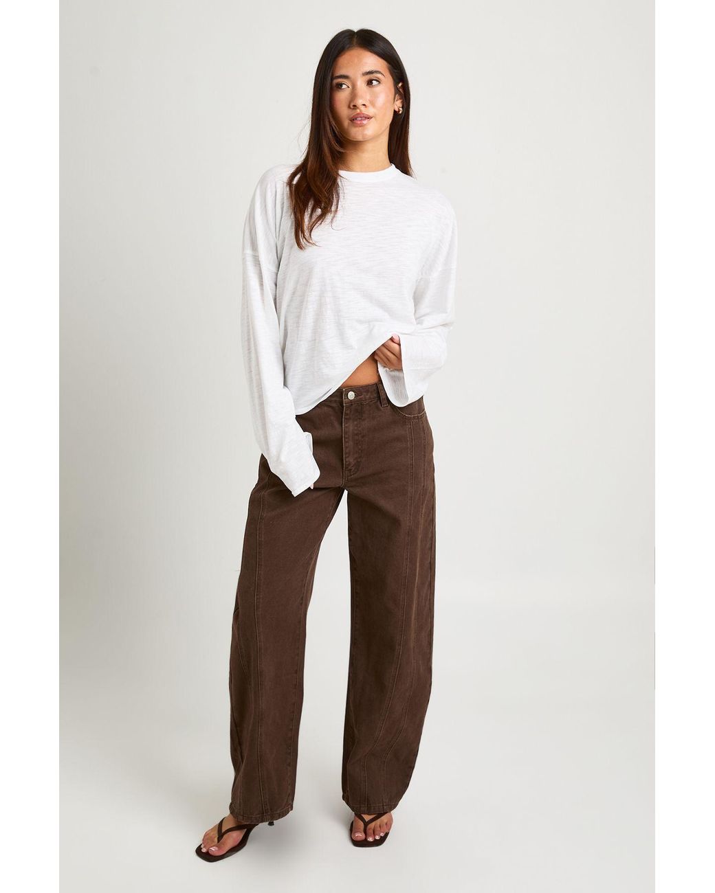 Boohoo Brown High Waist Seam Detail Barrel Jean