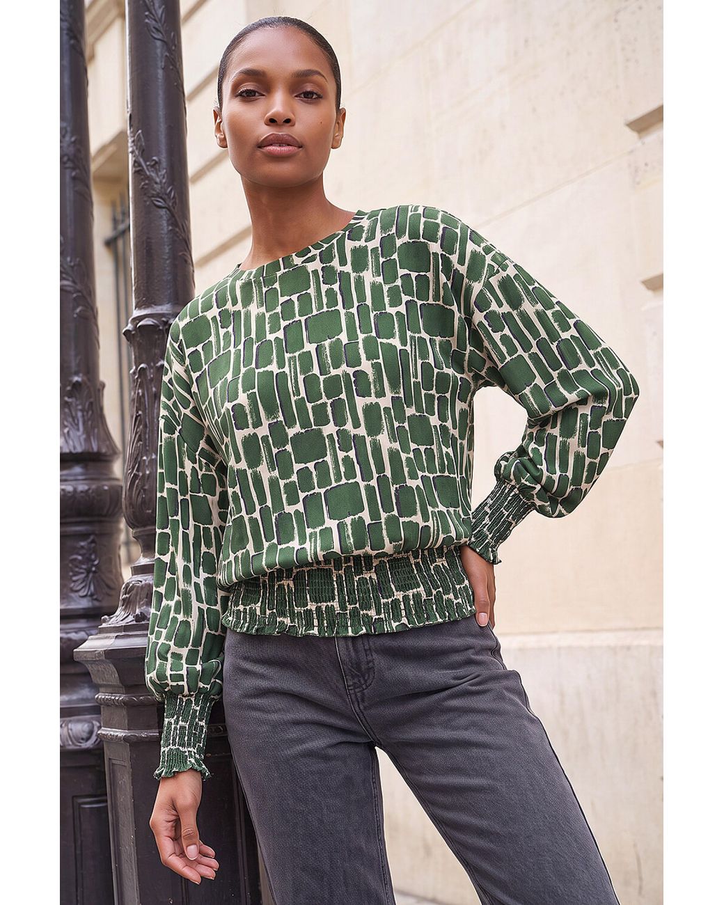 Roman Green Geometric Print Shirred Hem Top