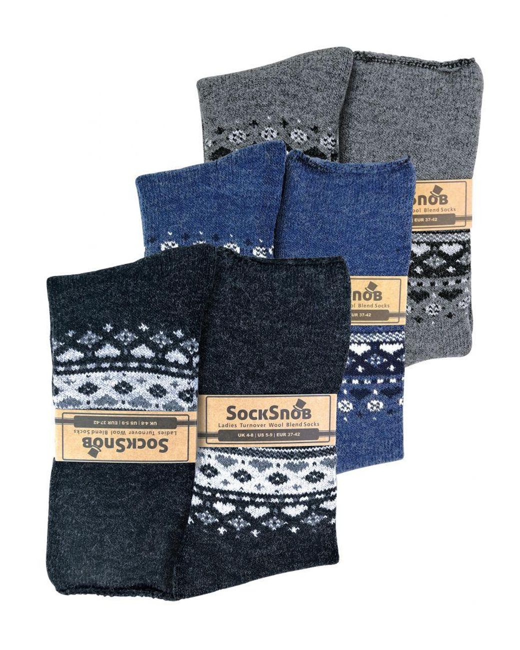 Sock Snob Blue 3 Pack Ladies Wool Nordic Design Bed Socks