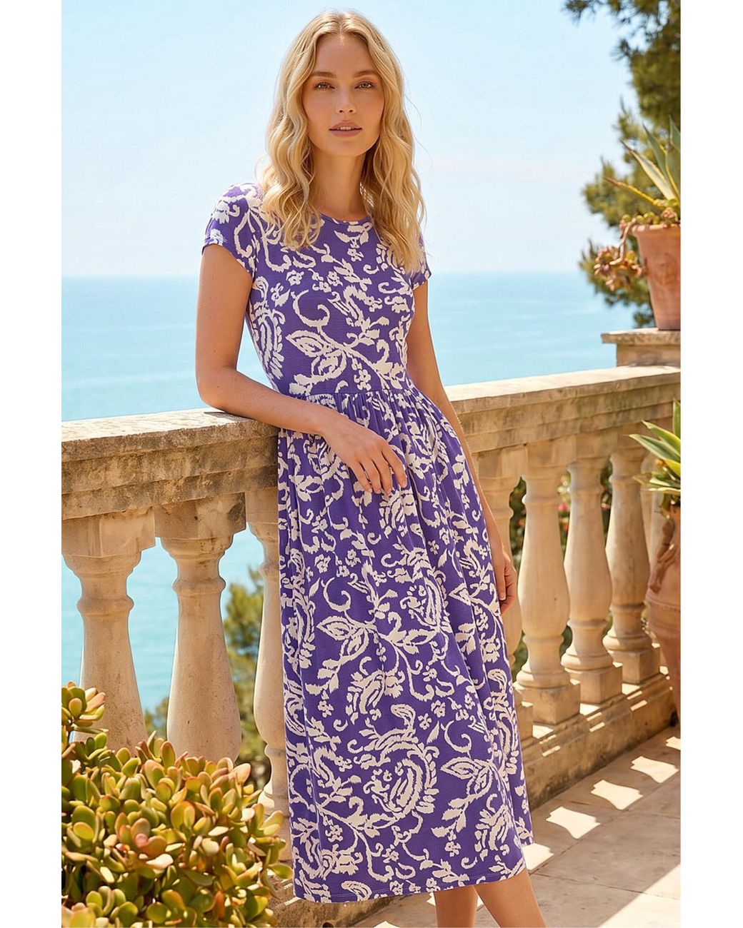 Roman Purple Abstract Print Pocket Midi Dress