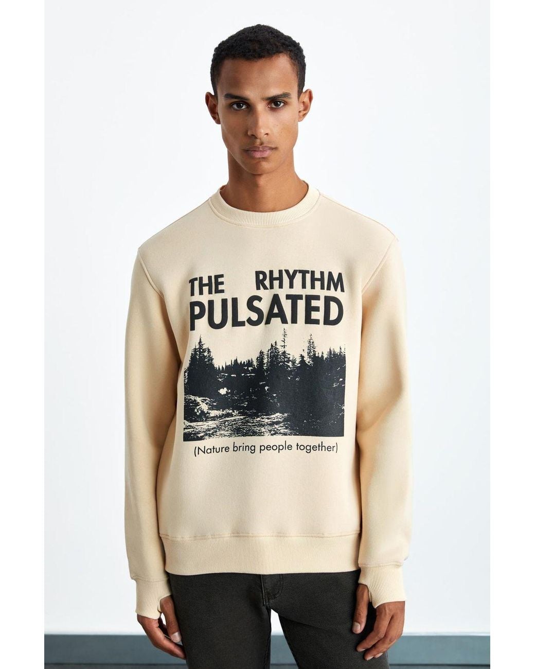 Grimelange Natural Printed Crew Neck Sweatshirt for men