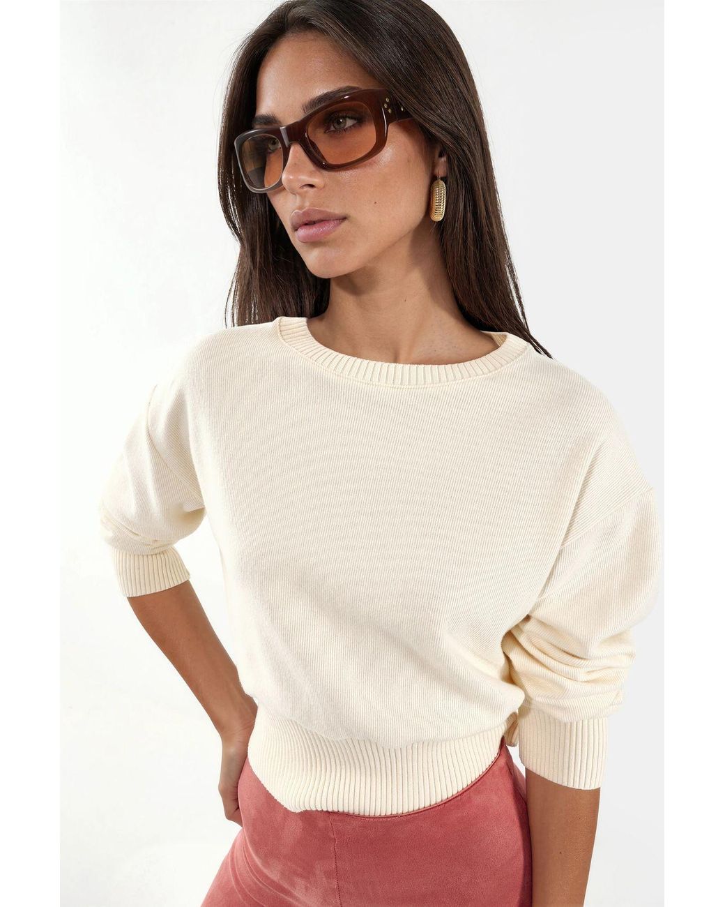 Busem White Ribbed Crop Crew Neck Sweater