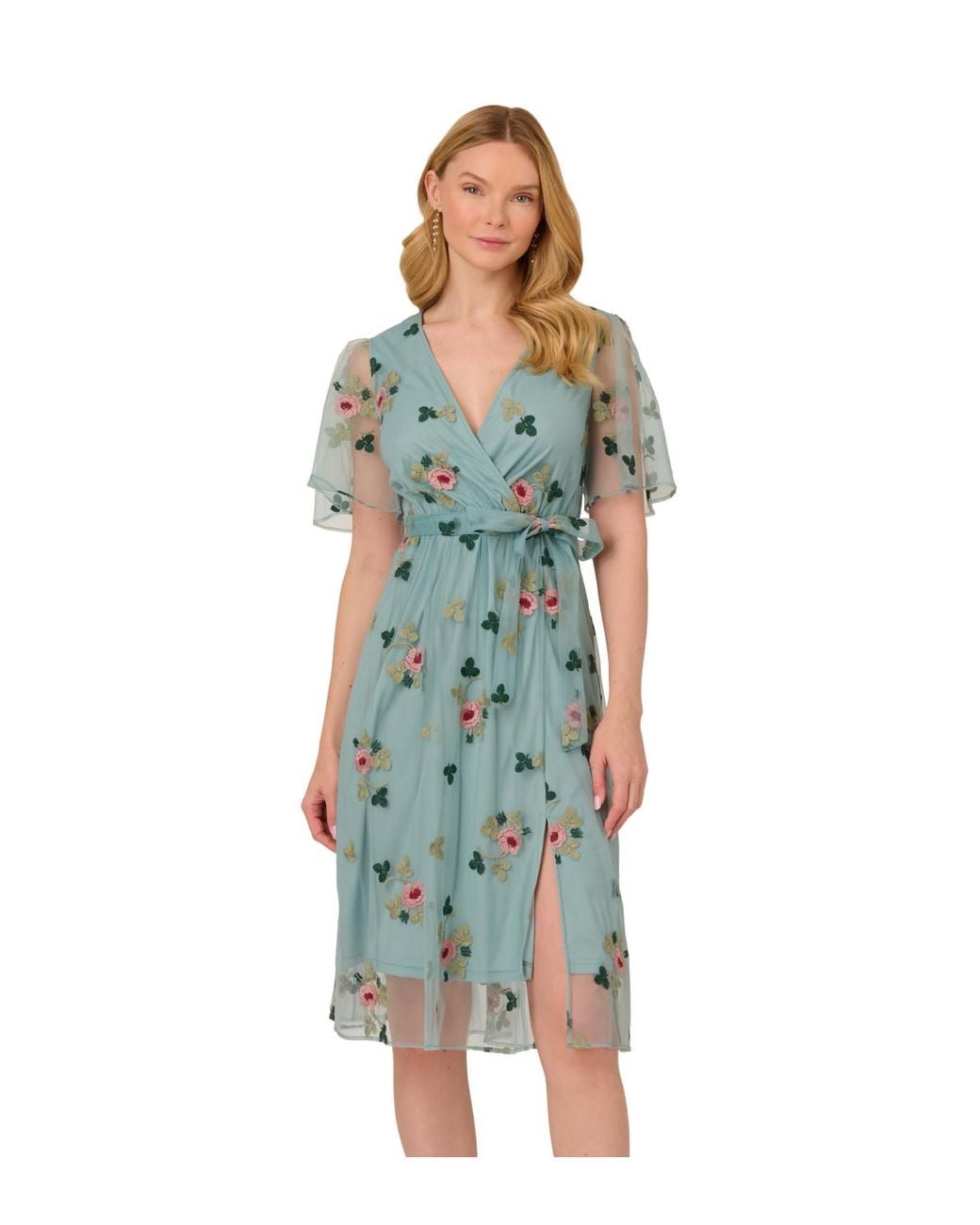 Adrianna Papell Blue Embroidered Surplice Midi