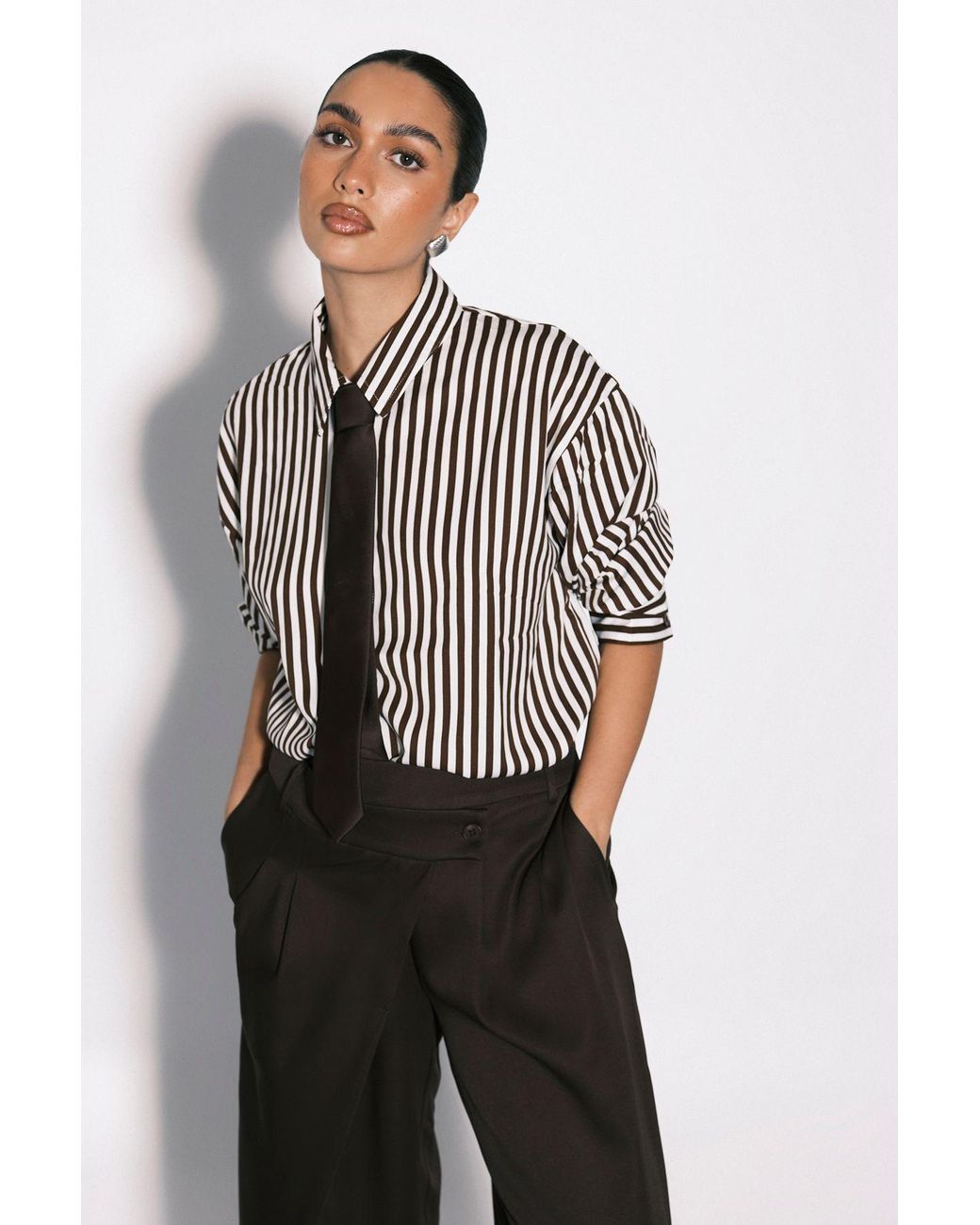 Boohoo Brown Mixed Stripe Fitted Shirt