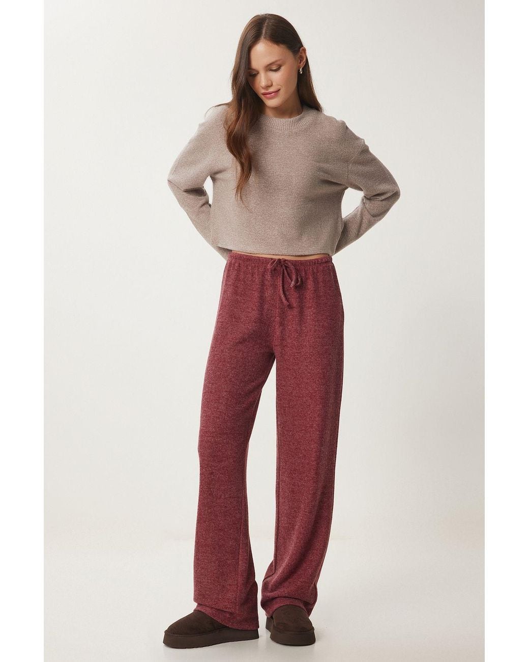 Happiness İstanbul Red Wide Leg Jogger Pants With Drawstring Closure