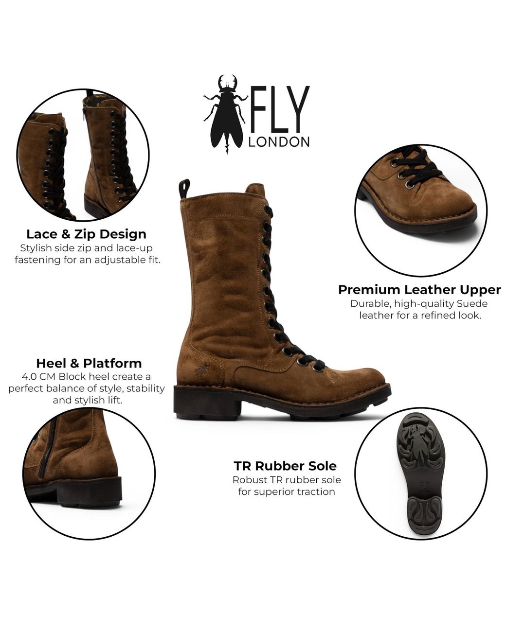 Fly London Brown Leather Lace-Up Combat Ankle Boots- Nole176