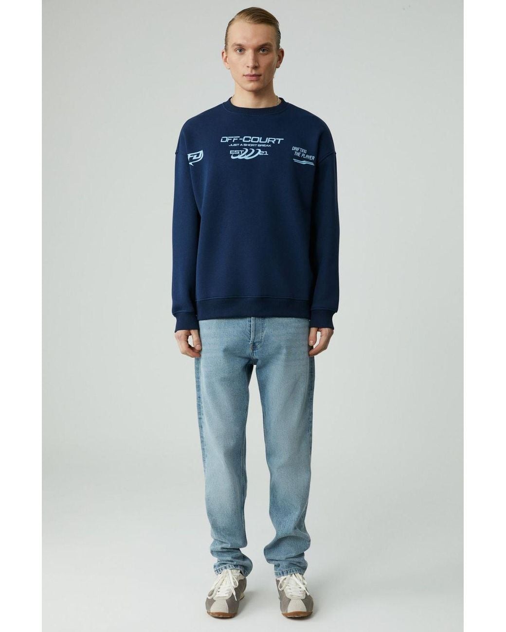 Grimelange Blue Printed Crew Neck Sweatshirt for men