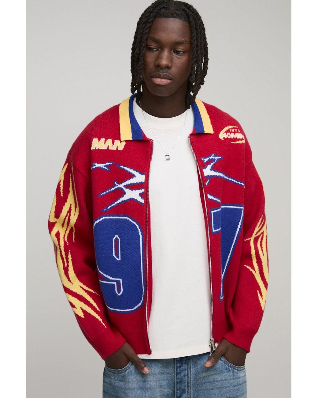 BoohooMAN Red Oversized Boxy Moto Varsity Knitted Harrington Jacket for men