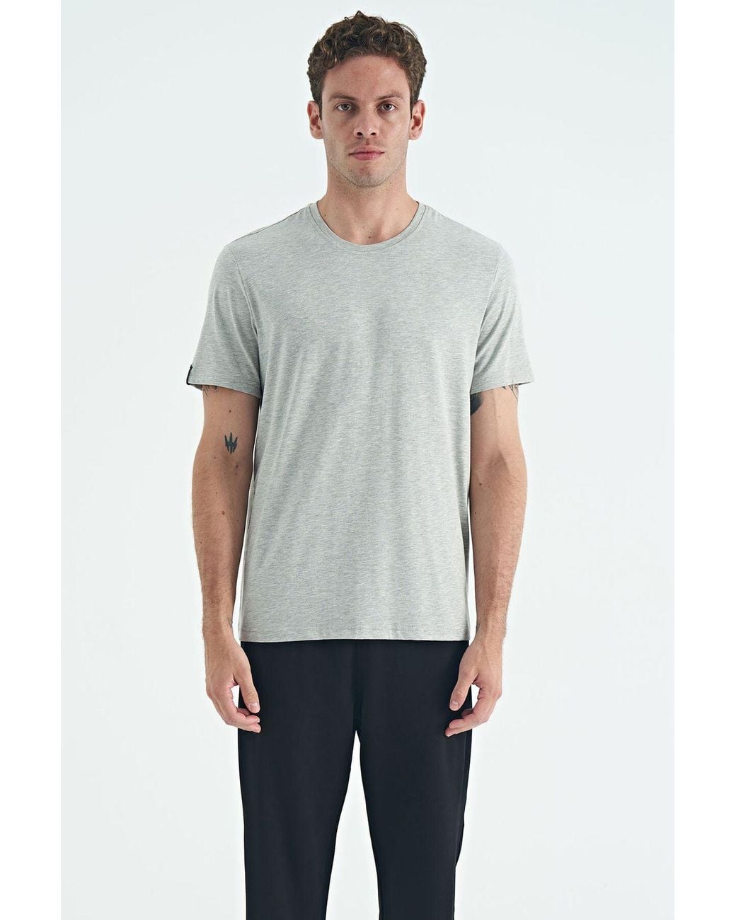 TOMMY LIFE Gray Cotton Elastane Crew Neck T-Shirt for men