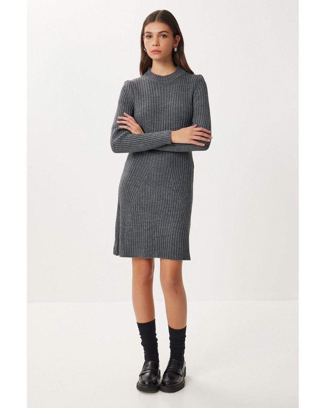 Happiness İstanbul Gray Ribbed A-Line Knit Mini Dress