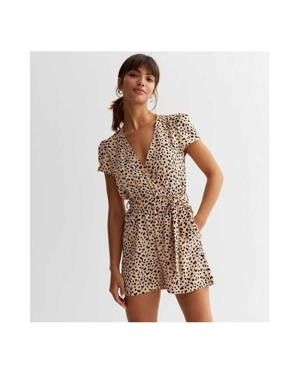 Gini London Brown Animal Print Belted Wrap Playsuit