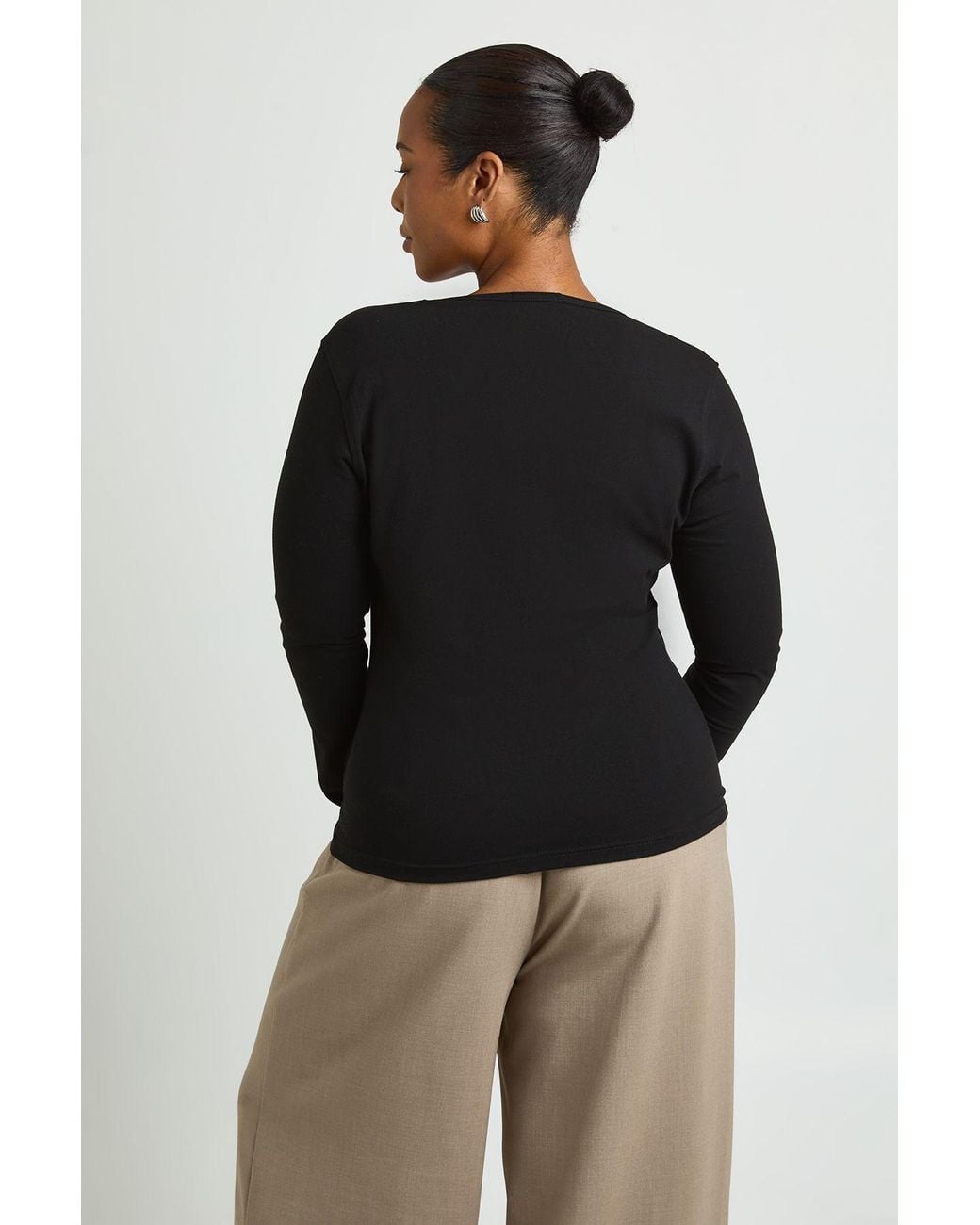 Boohoo Black Plus Deep V Neck Long Sleeve Fitted Top