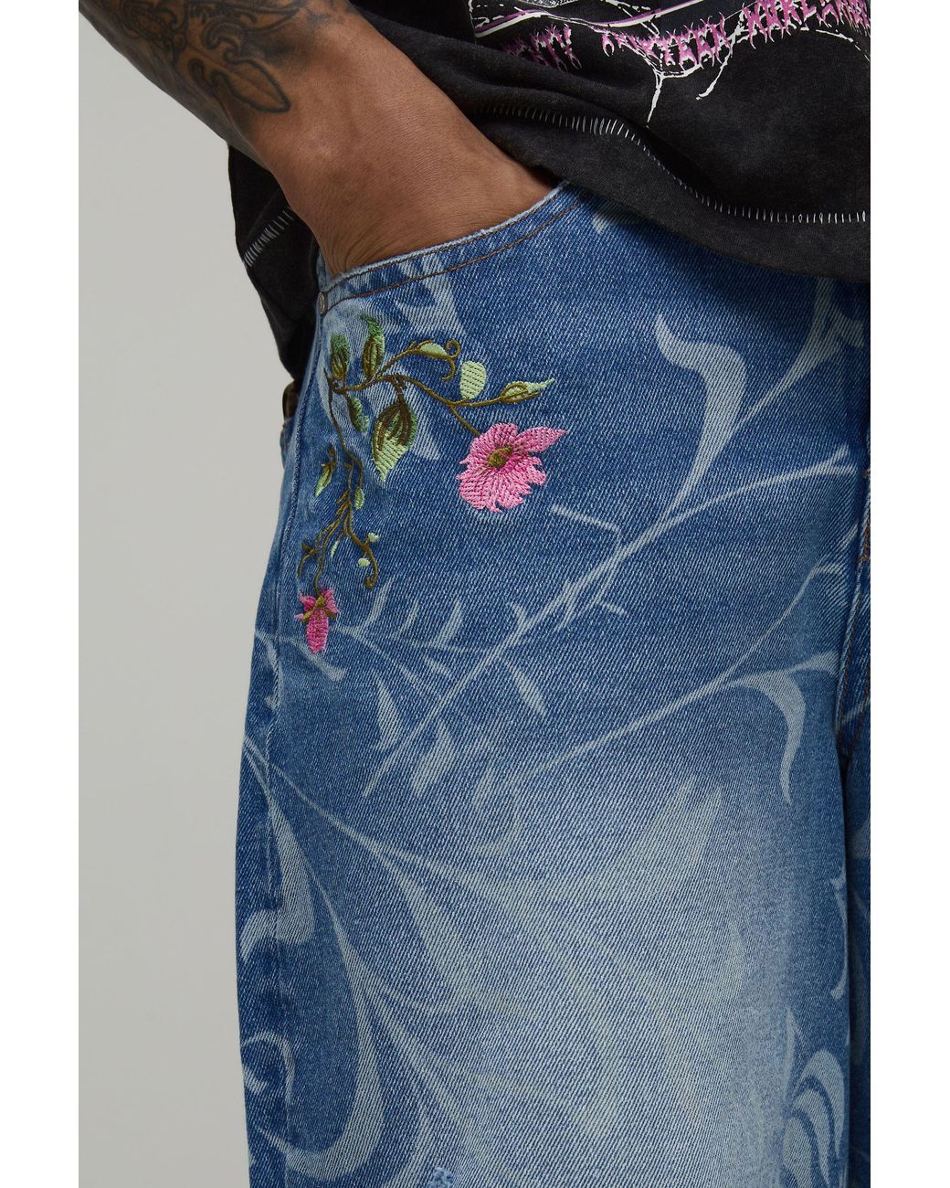 BoohooMAN Blue Longline Floral Embroidered Denim Jorts for men