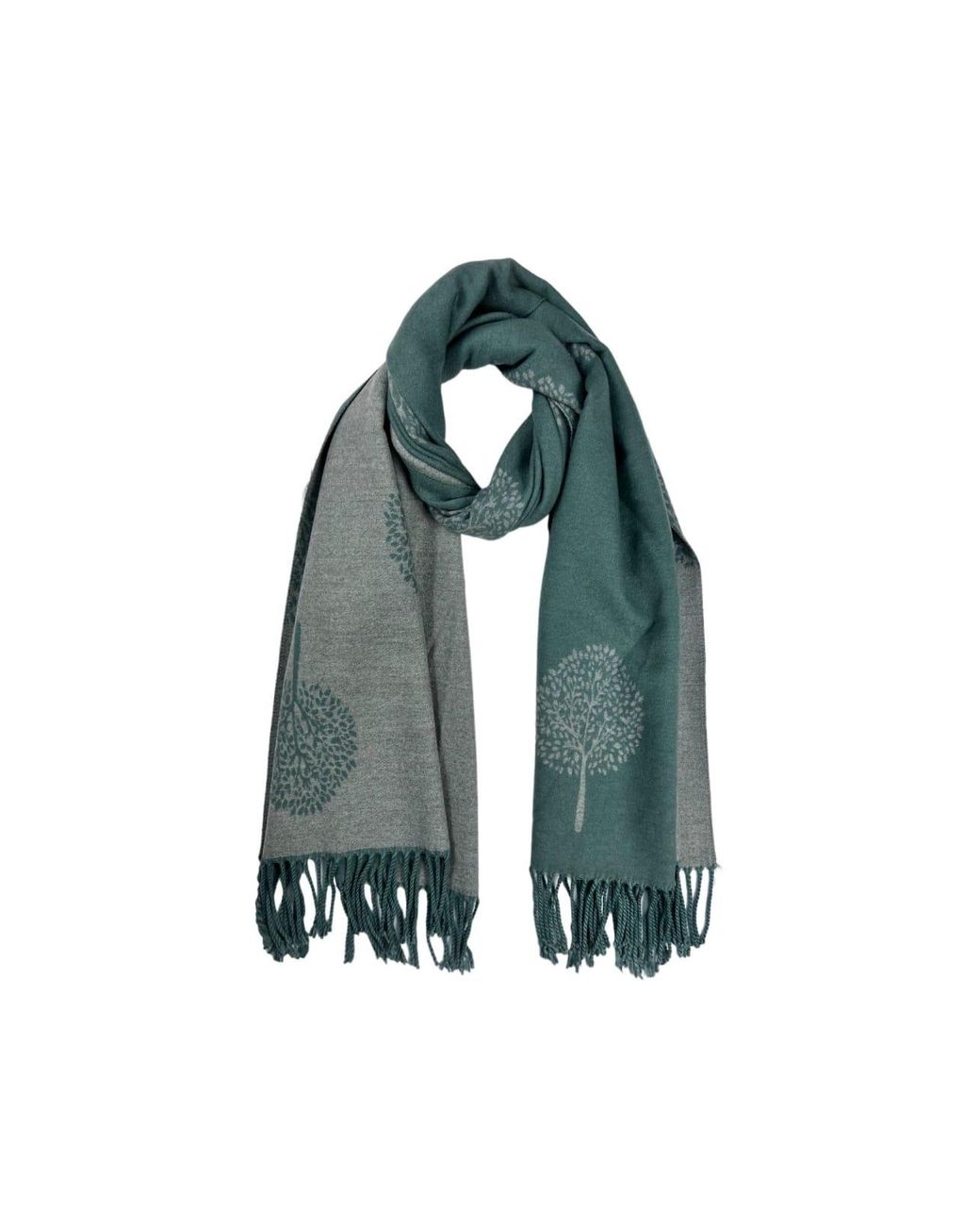 SVNX Green Tree Print Cashmere Blend Scarf With Tassels