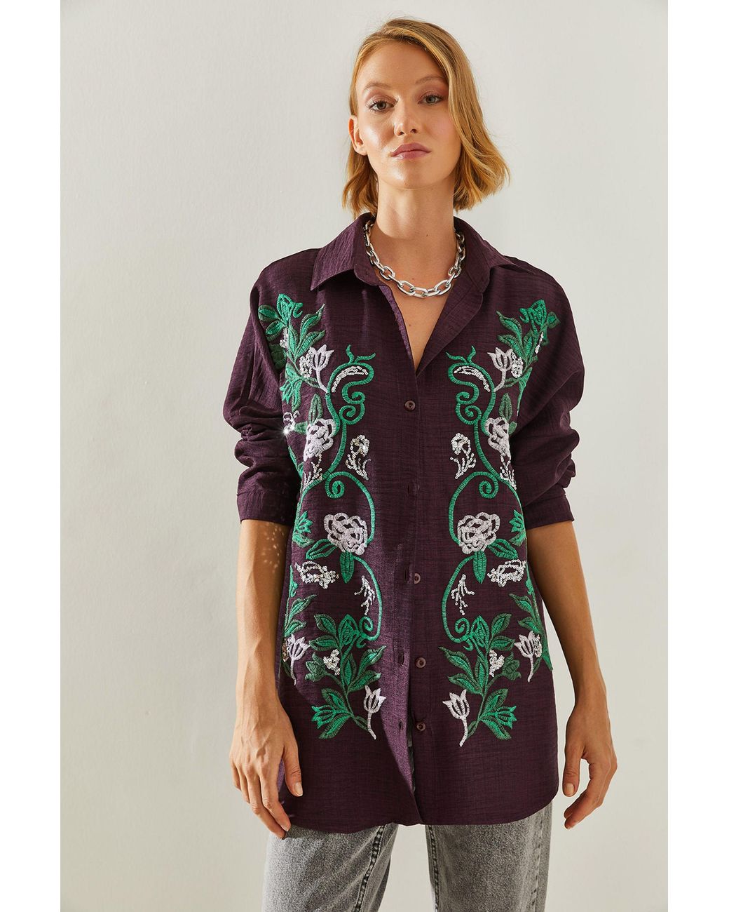 Bianco Lucci Purple Oversized Button-Up Shirt With Embroidery