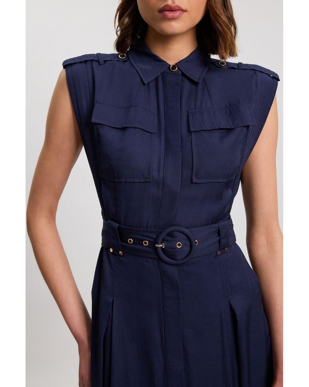 Karen Millen Blue Premium Viscose Linen Belted Woven Midaxi Dress With Hardware Detail