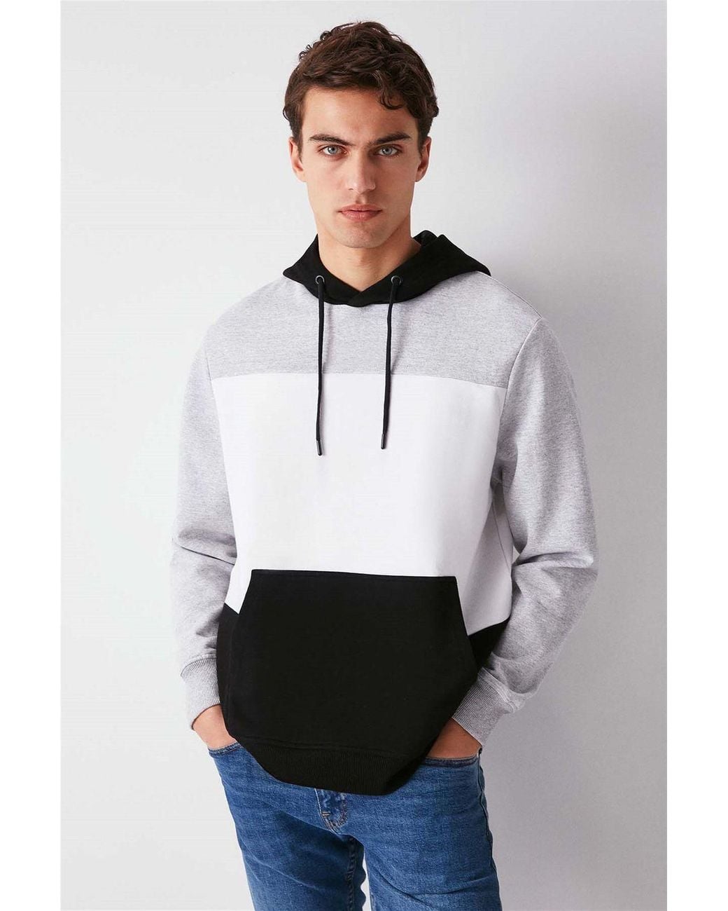 Grimelange White Color Block Hooded Sweatshirt for men