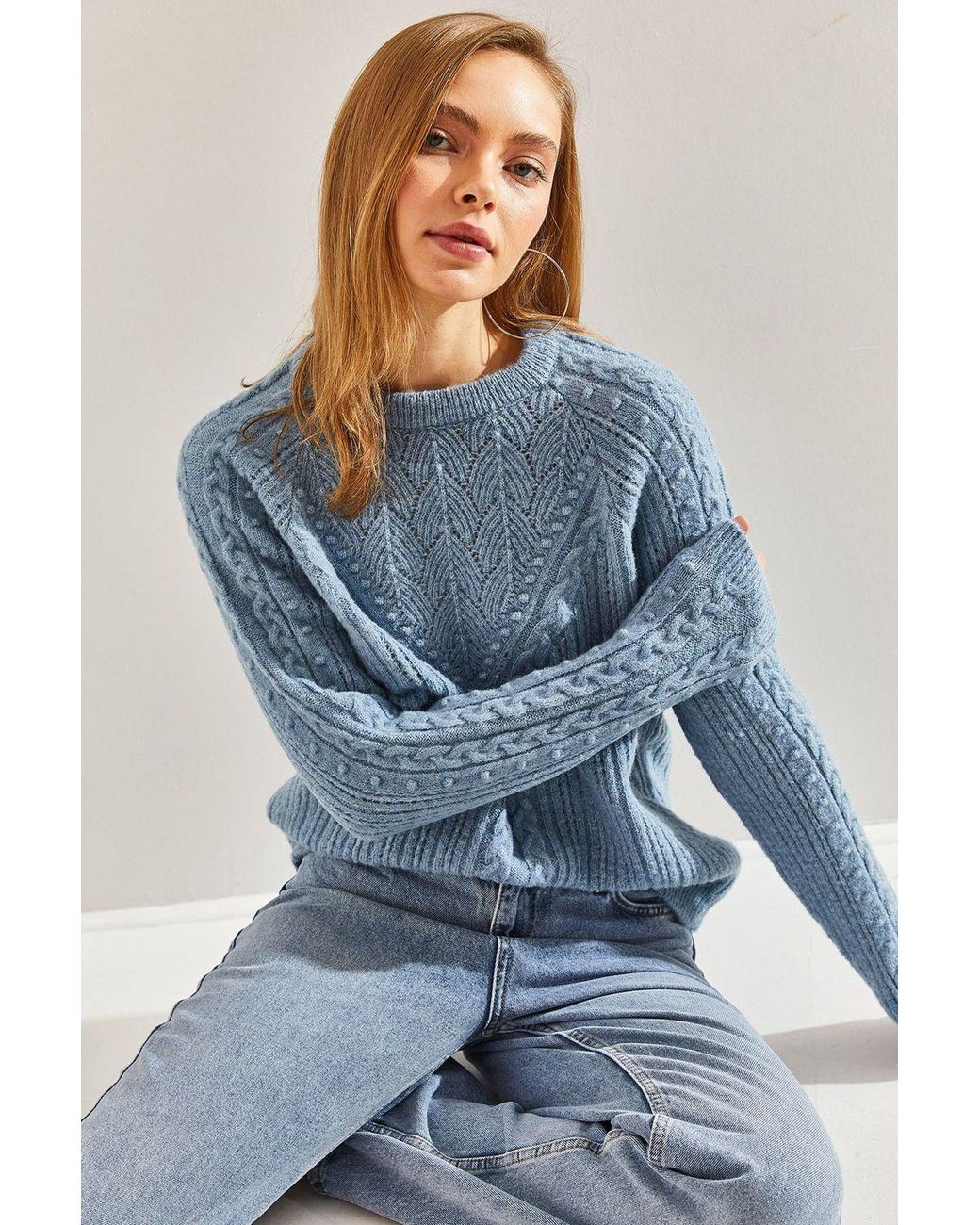 Bianco Lucci Blue Patterned Thick Crew Neck Sweater