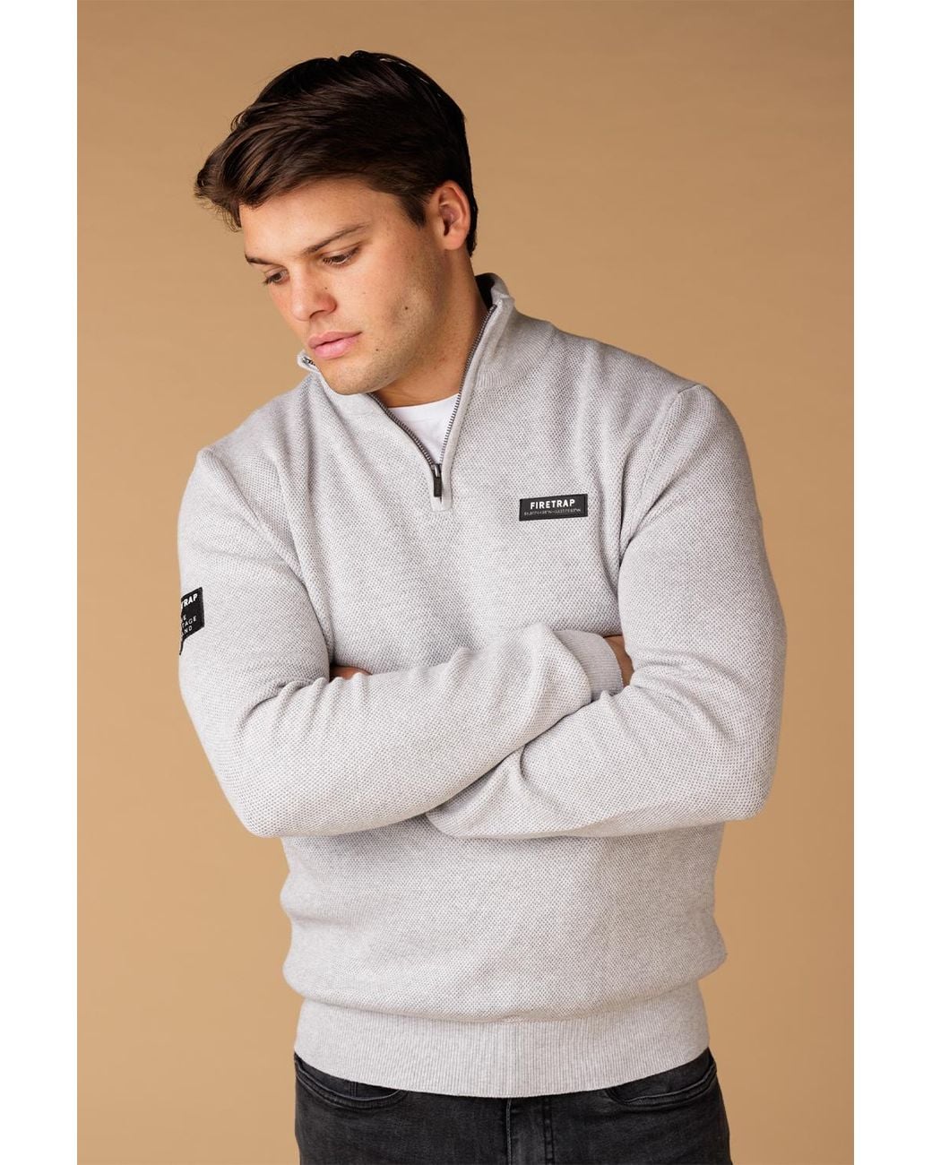 Firetrap Gray Cotton Rich Pique Funnel Neck Half Zip Jumper for men