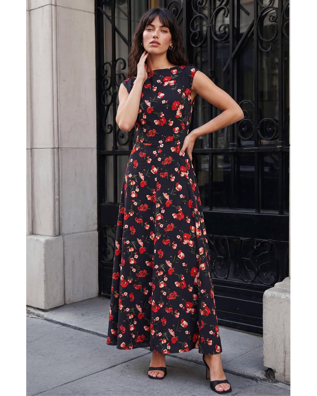 Roman Black High Neck Floral Poppy Print Dress