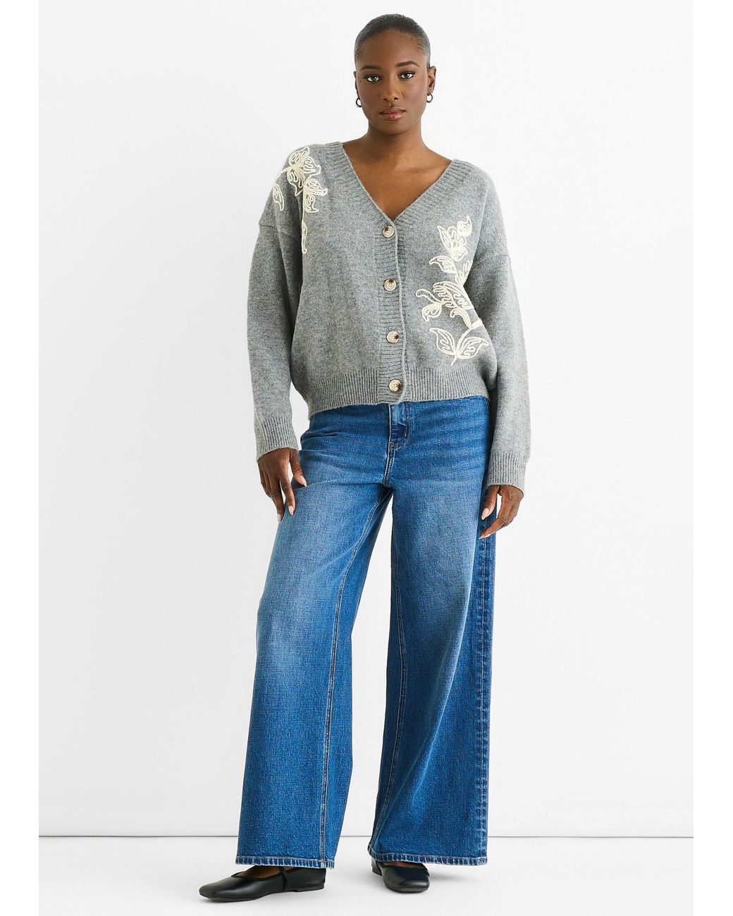 Gini London Blue Floral Appliqué Wool Mix Cardigan