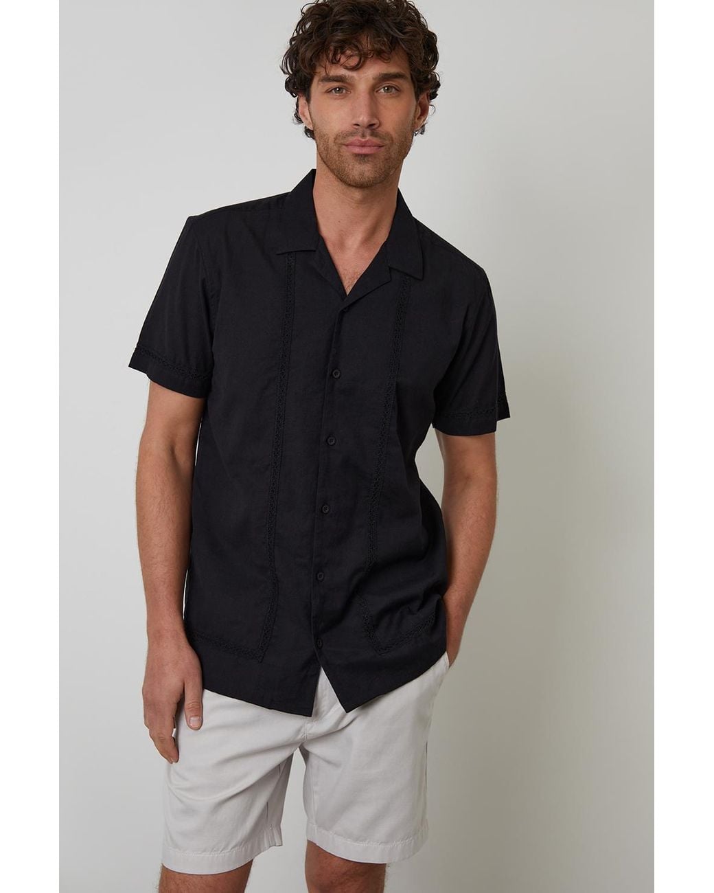 Threadbare Black Linen Blend Lace Trim Relaxed Fit Shirt for men
