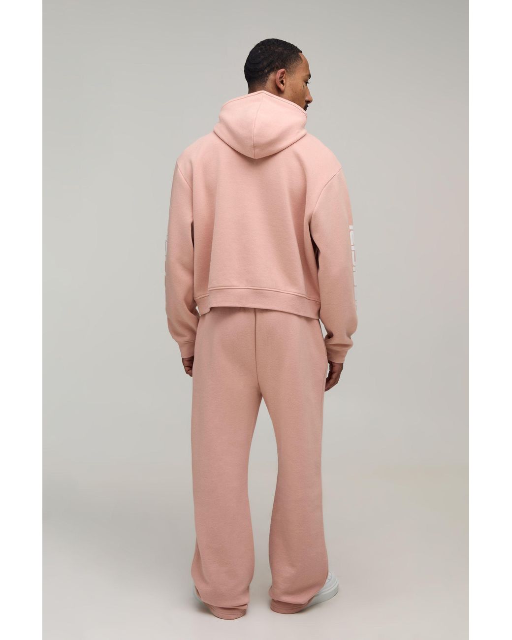 BoohooMAN Pink Oversized Boxy Funnel Plush High Build Print Hoodie & Flare Jogger for men
