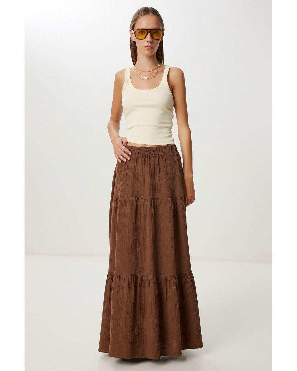 Happiness İstanbul Brown High Waist A-Line Maxi Skirt