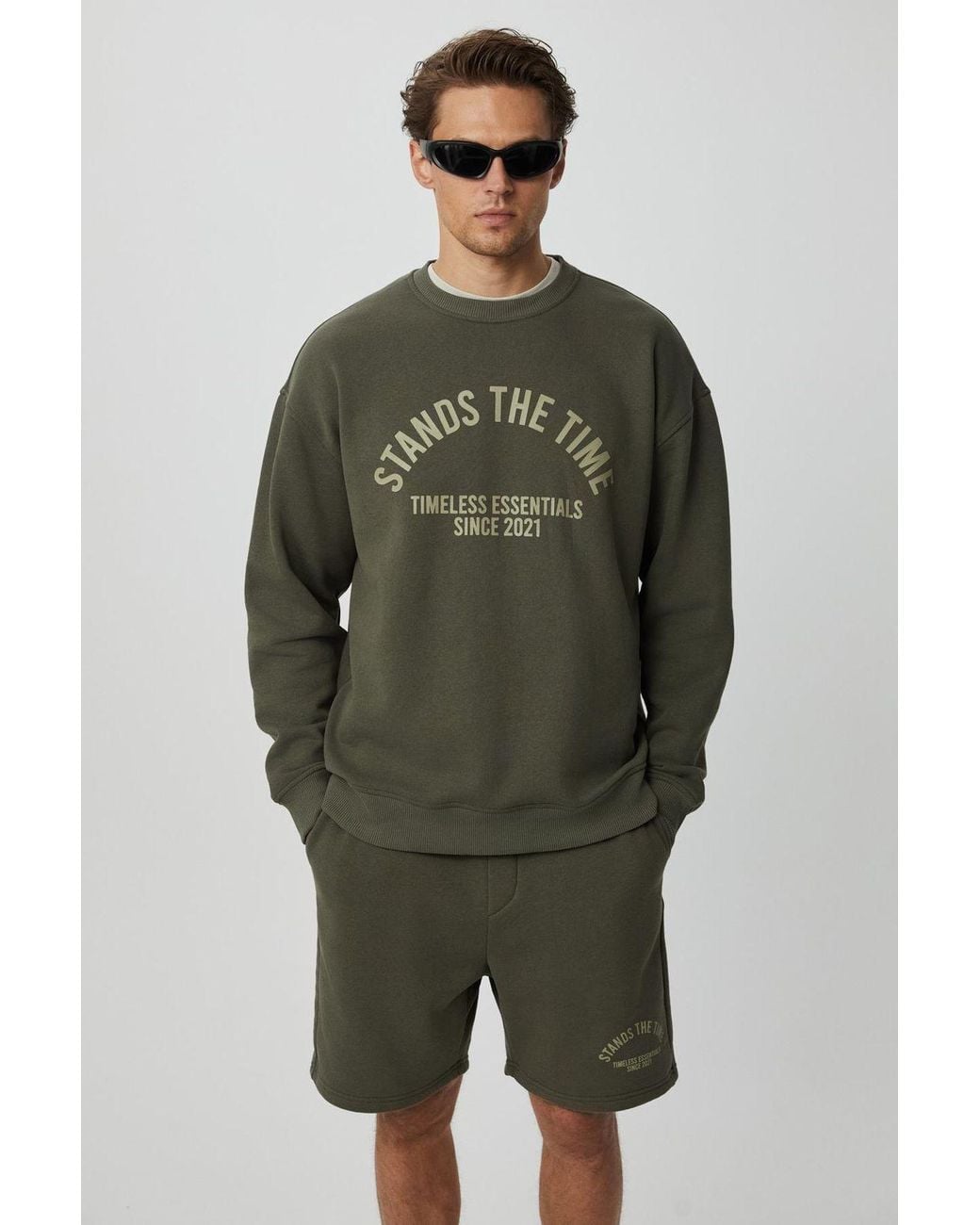 Grimelange Green Oversized Printed Crew Neck Sweatshirt for men