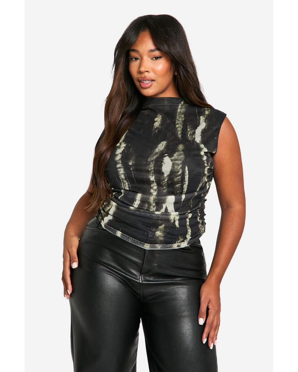 Boohoo Black Plus Animal Ruched Front Bardot Top
