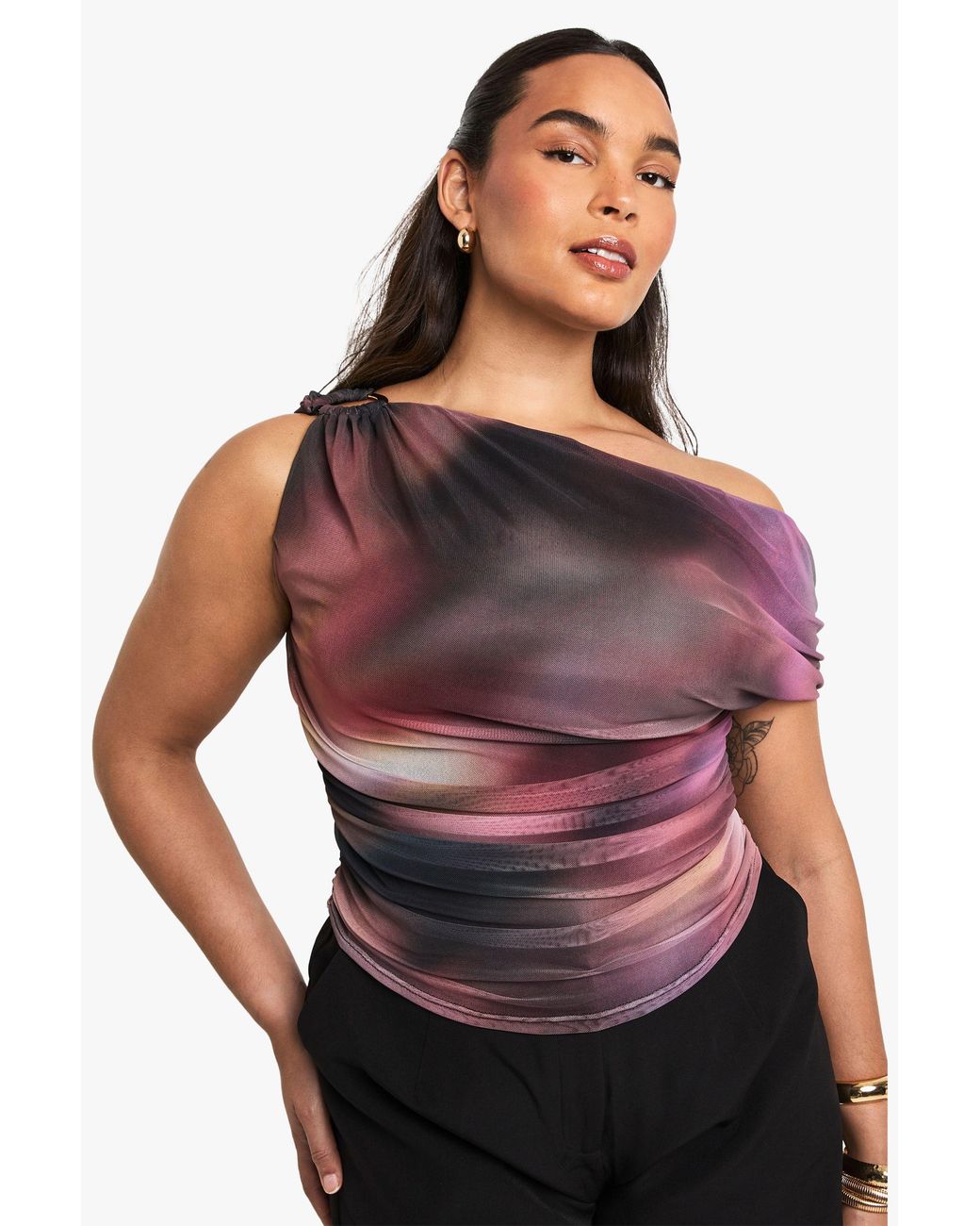 Boohoo Purple Plus Abstract Asymmetric Ruched Top