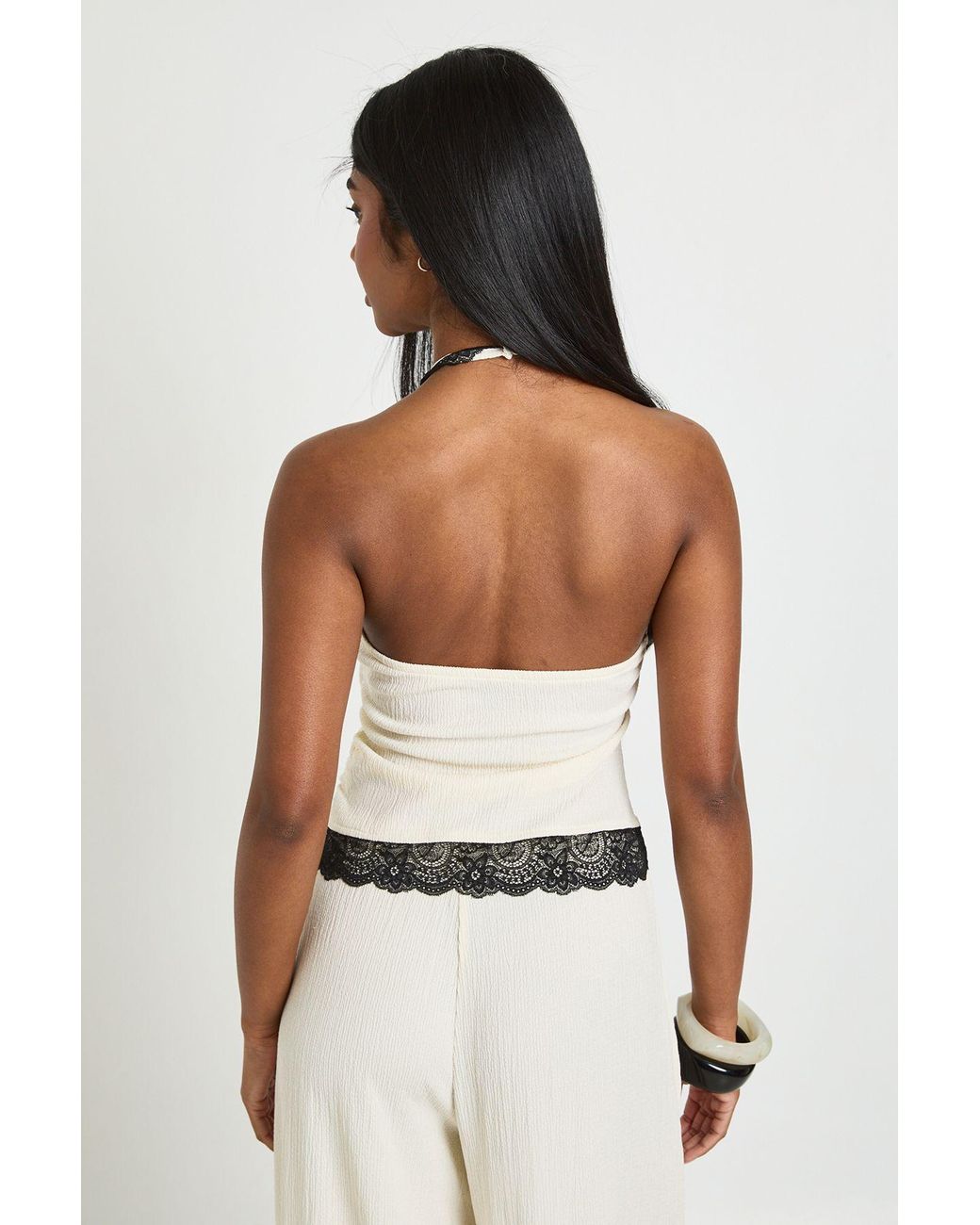 Boohoo White Crinkle Lace Trim Asymmetric Hem Top