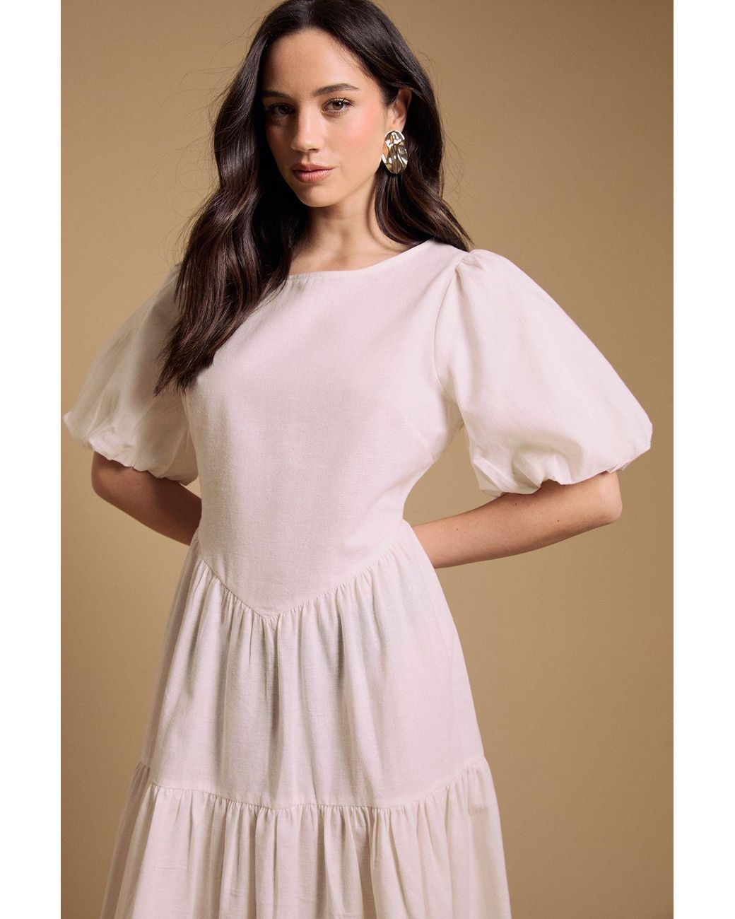 Oasis Natural Puff Sleeve Cotton Midi Dress