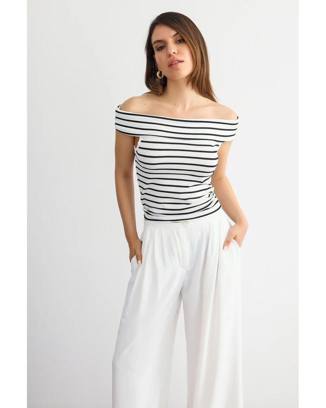 Hiccup White Striped Off-Shoulder Top