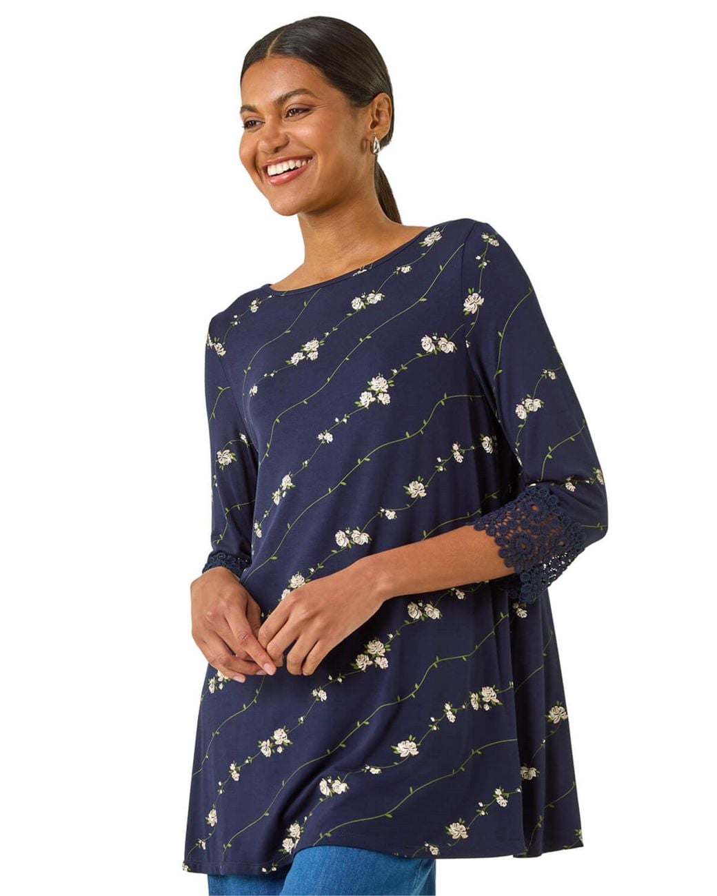 Roman Blue Printed Lace Cuff Stretch Top