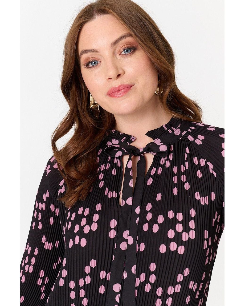Izabel London Black Spotty Print Long Sleeve Pleated Blouse