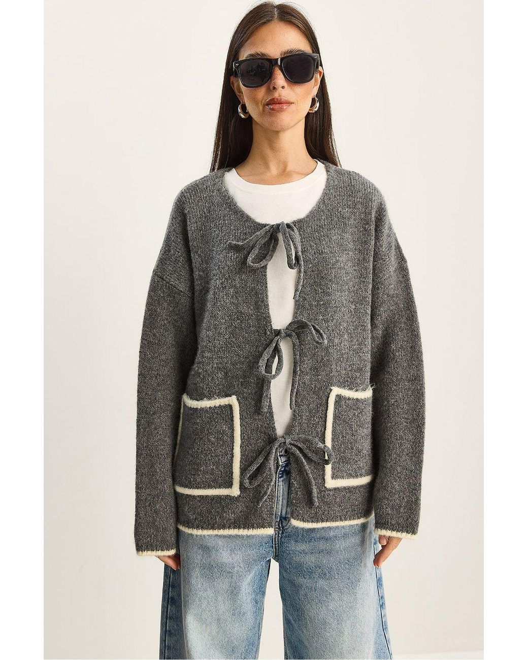 Bianco Lucci Gray Oversized Knit Cardigan With Tie Closure