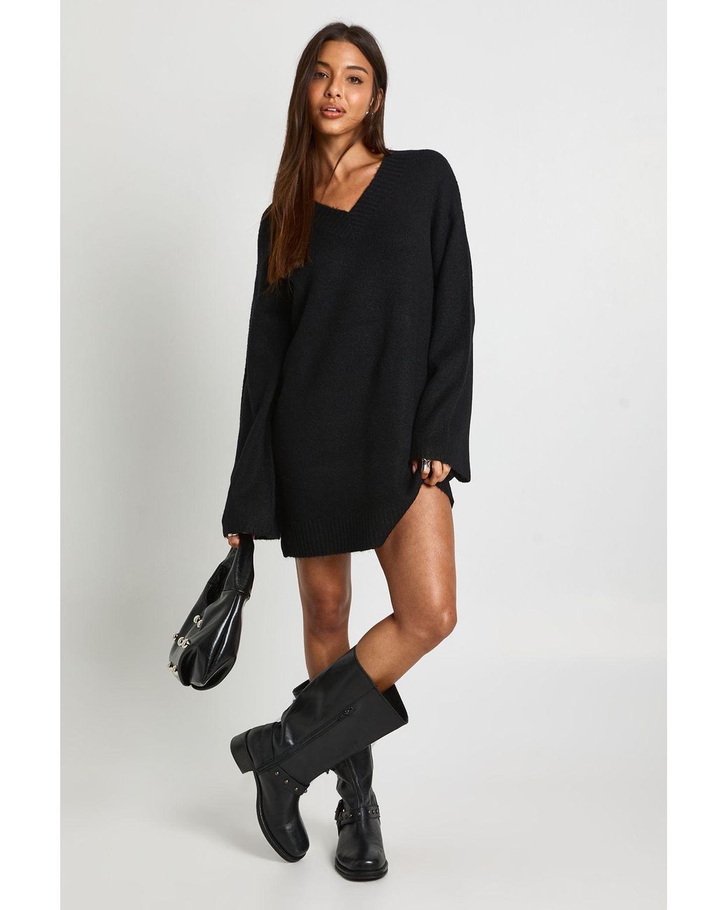 Boohoo Black Super Soft V Neck Knitted Mini Dress