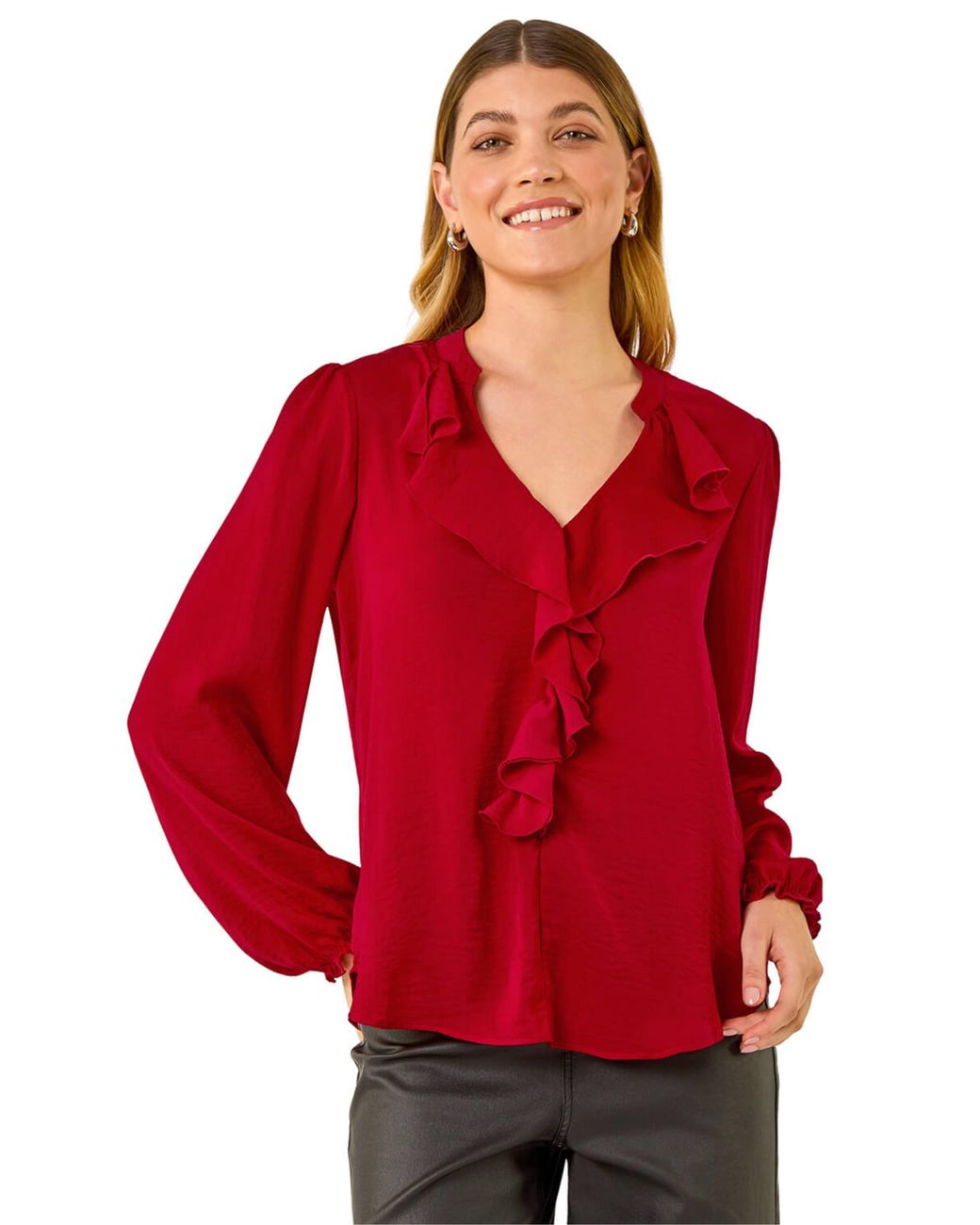 Roman Red Satin Ruffle Neck Blouse