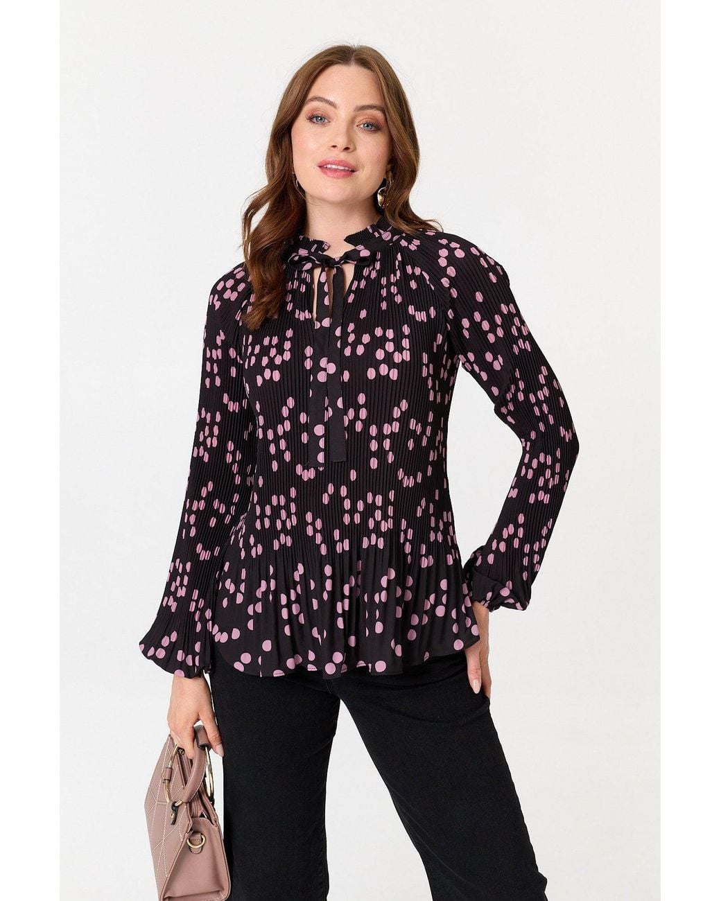 Izabel London Black Spotty Print Long Sleeve Pleated Blouse