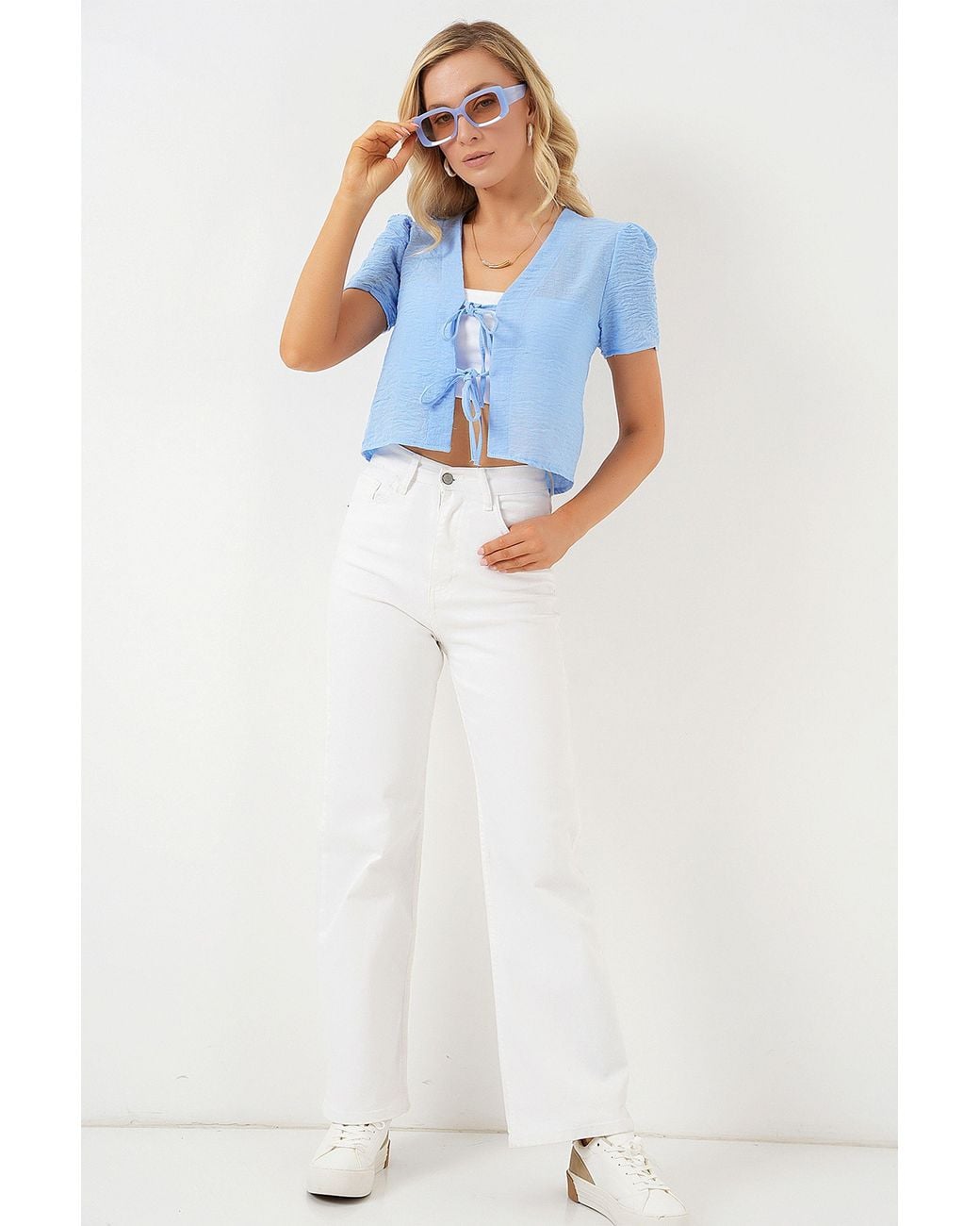 Bigdart Blue Textured V-Neck Linen Blend Crop Top