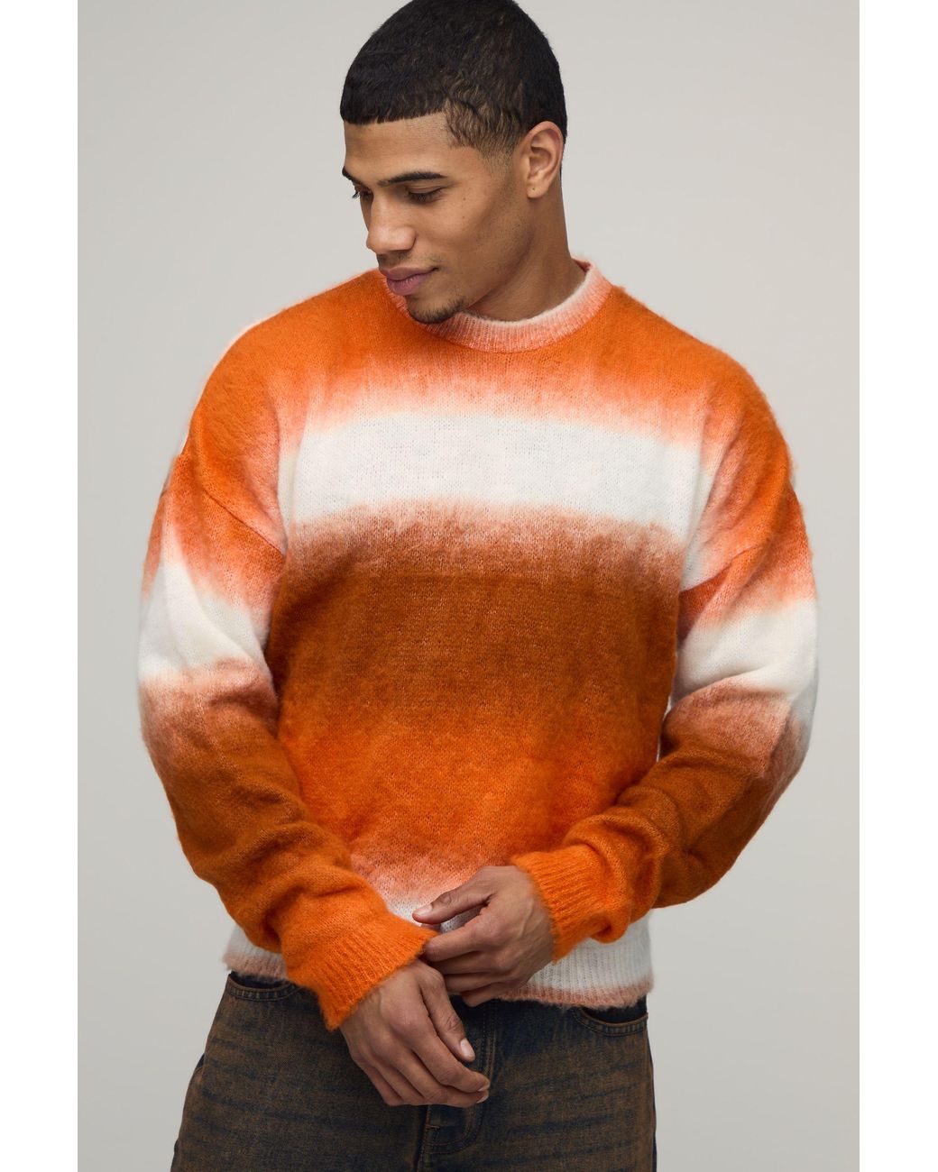 BoohooMAN Orange Relaxed Boxy Brushed Ombre Knitted Jumper for men