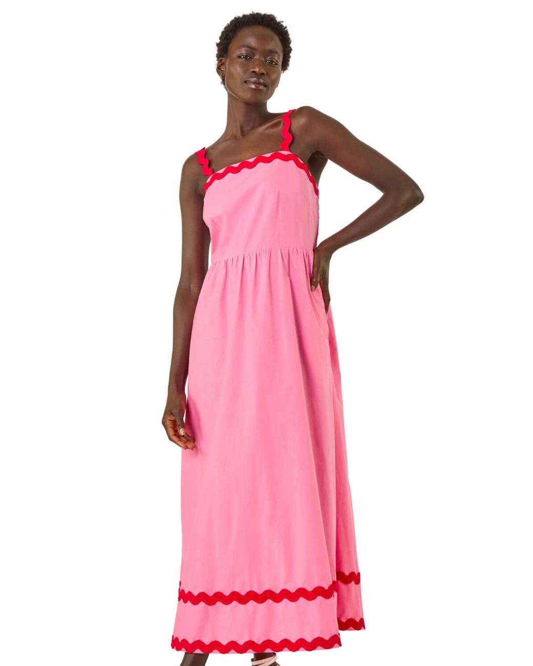Roman Pink Contrast Ric Rac Midi Dress