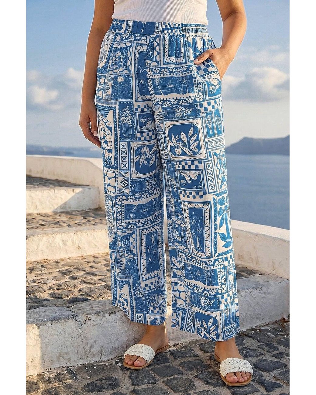 Roman Blue Curve Postcard Print Wide Leg Trouser